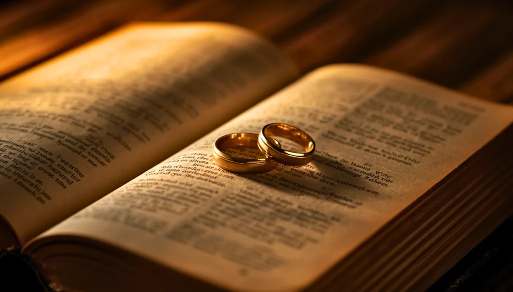Alianças de casamento sobre uma Bíblia aberta, ilustrando o ensino bíblico sobre divórcio e restauração