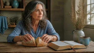 Mulher madura partindo pão sólido ao lado de uma Bíblia, representando o crescimento espiritual e a maturidade cristã.