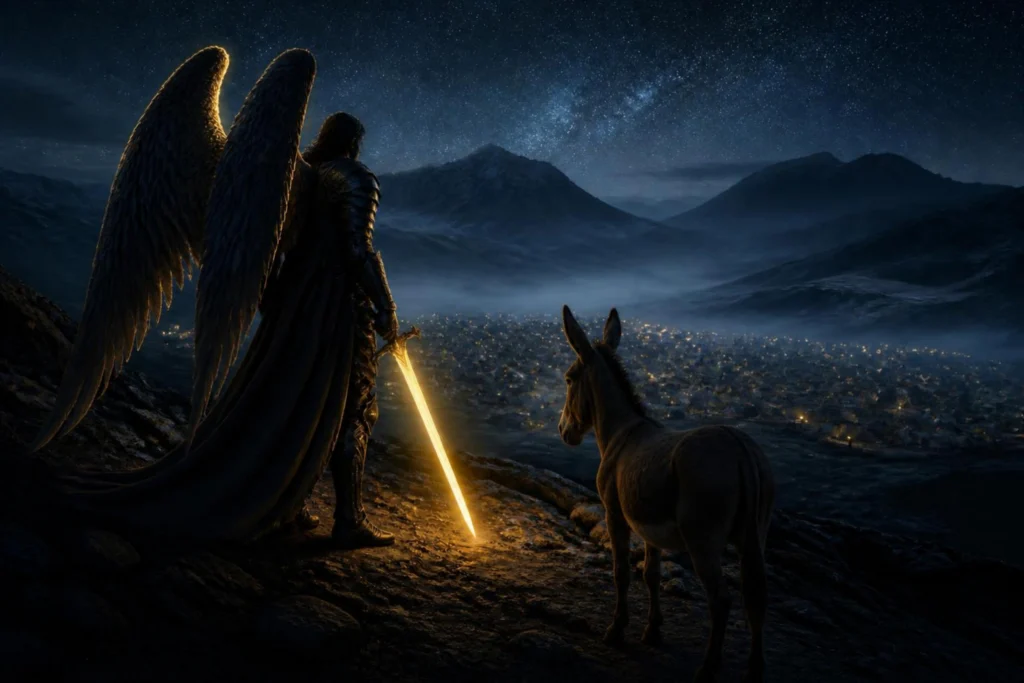 Anjo do Senhor com espada desembainhada protegendo o acampamento no vale, ilustrando a batalha invisível e a soberania de Deus em Números 22