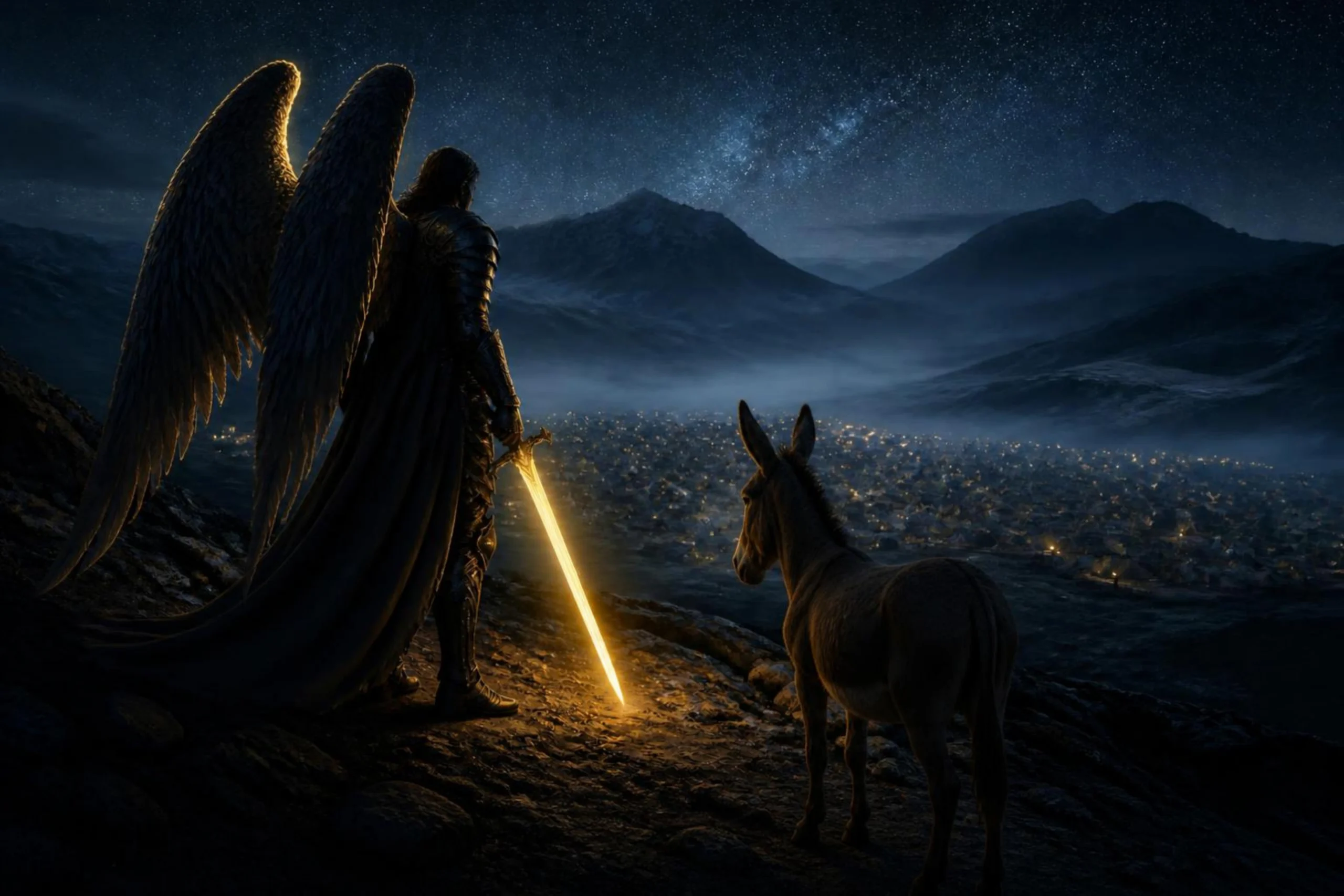 Anjo do Senhor com espada desembainhada protegendo o acampamento no vale, ilustrando a batalha invisível e a soberania de Deus em Números 22