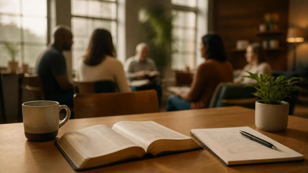 Mesa de estudo com Bíblia aberta, caderno de anotações e xícara de café em uma sala moderna de Escola Bíblica Dominical.