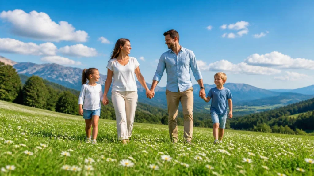 Pessoas felizes e em paz caminhando por uma paisagem paradisíaca e iluminada pelo sol, representando a verdadeira alegria e liberdade encontradas na vida com Cristo, em contraste com a ilusão do pecado.