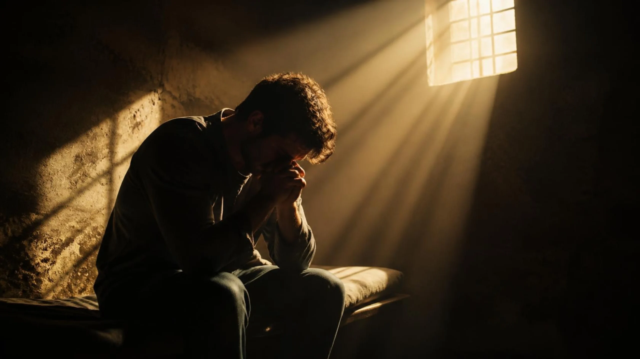 Homem em profundo arrependimento sendo iluminado por um raio de luz celestial, simbolizando o pecador que reconhece sua falência espiritual e encontra a única esperança de salvação na graça de Cristo.