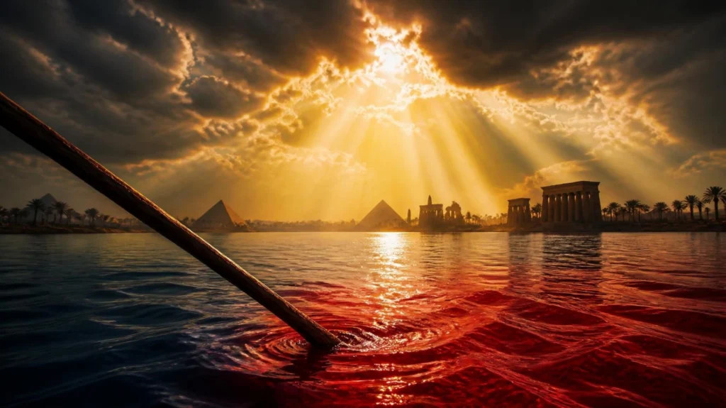 O rio Nilo se transformando em sangue ao toque do cajado de Moisés, com luz divina brilhando no céu, representando a soberania de Deus em Êxodo 7.