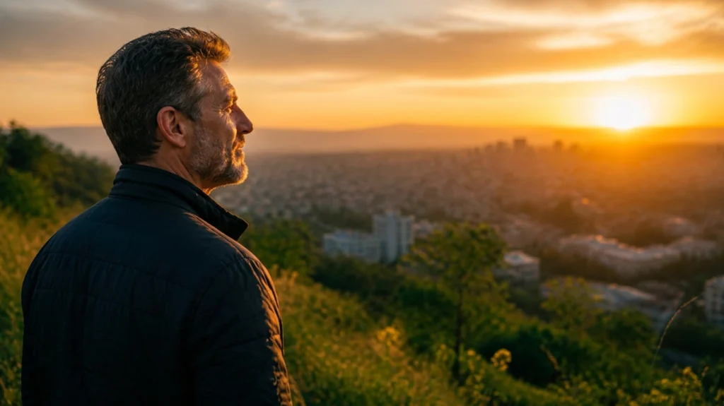 Homem moderno com expressão de paz contemplando o nascer do sol, representando a ética da graça e a vida cristã no Sermão do Monte.