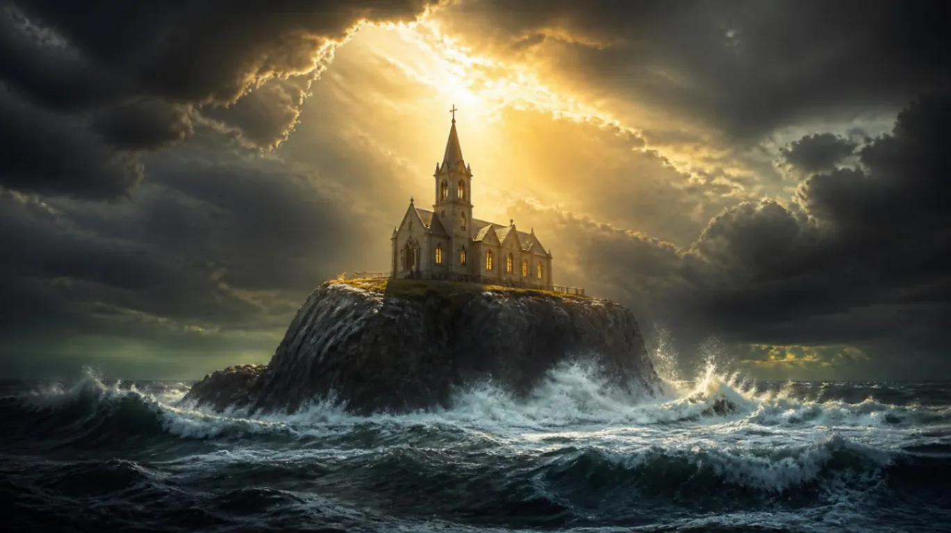 Igreja firme sobre uma rocha iluminada por Deus em meio a uma tempestade, representando a esperança e a soberania divina no momento atual do Brasil, baseada no Salmo 46.
