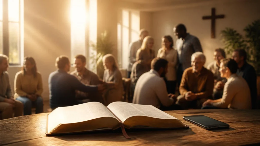 Bíblia aberta junto a uma comunidade cristã reunida em comunhão, representando o Salmo 133 e a unidade da Igreja